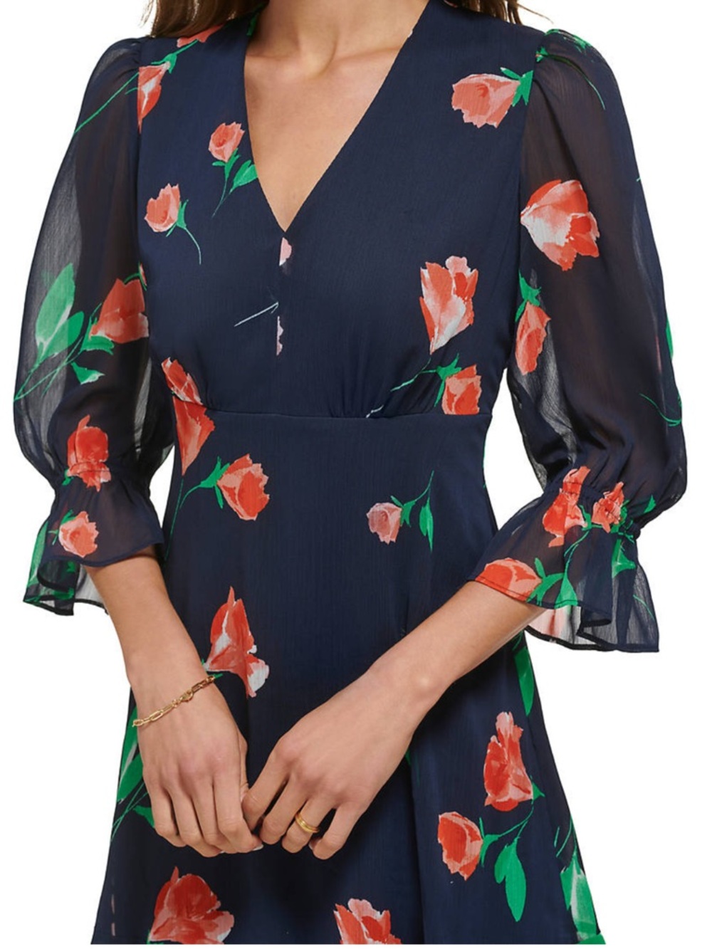 DKNY Women’s 3/4 Sleeve V-Neck Floral Fit and Flare Dress with Puff Sleeves